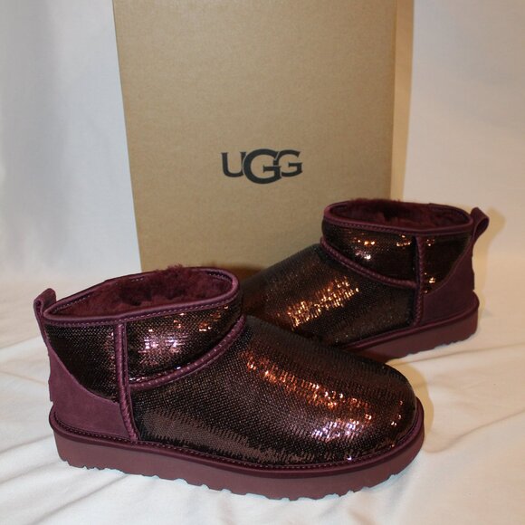 NIB UGG ULTRA‎ MINI BURGUNDY SEQUIN SHEARLING LINED ANKLE BOOTS - Picture 1 of 8